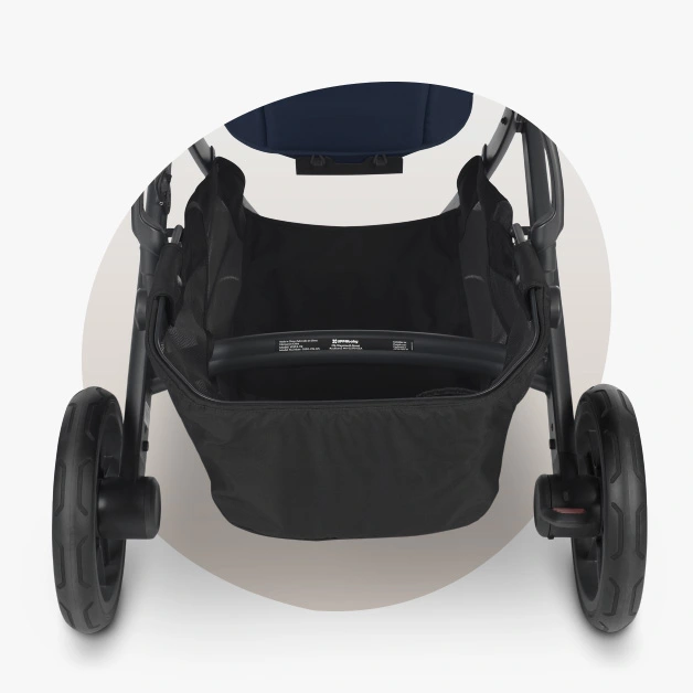 Vista V2 stroller with its included extra large, easy-acess basket that can hold up to 30 lbs