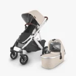 Vista V2 stroller (Declan - oat mélange, silver frame, chestnut leather) with Toddler Seat and Bassinet, both included with the stroller