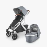 Vista V2 stroller (Gregory - blue mélange, silver frame, saddle leather) with Toddler Seat and Bassinet, both included with the stroller