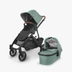 Vista V2 stroller (Gwen - green mélange, carbon frame, saddle leather) with Toddler Seat and Bassinet, both included with the stroller