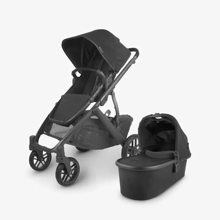 Vista V2 stroller (Jake - charcoal, carbon frame, black leather) with Toddler Seat and Bassinet, both included with the stroller
