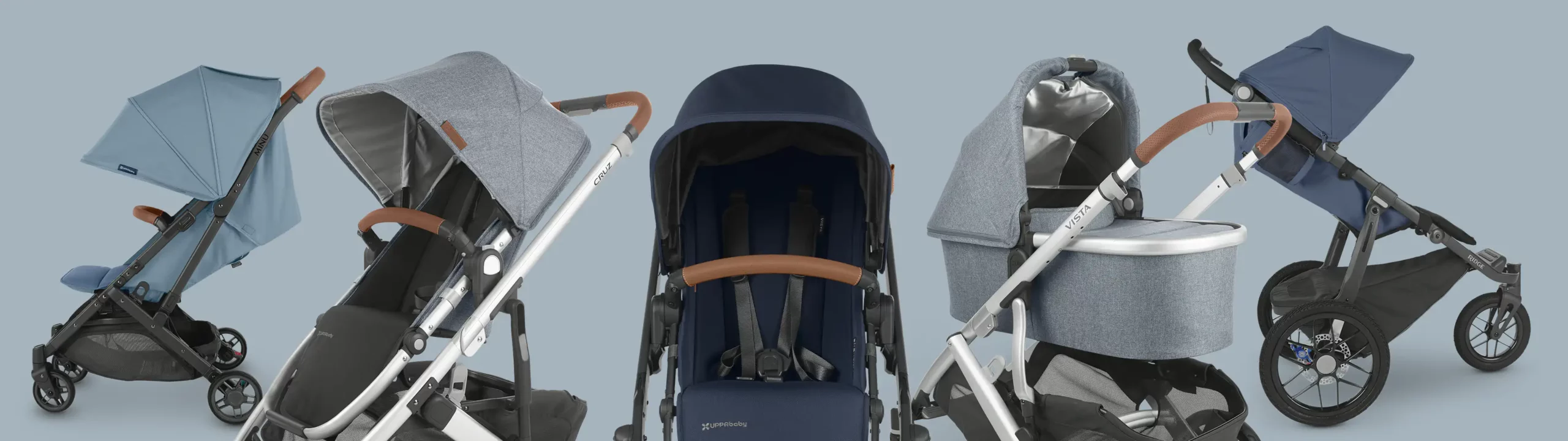 Collection of UPPAbaby strollers and configurations - Charlotte Minu, Gregory Cruz with Toddler Seat, Noa Vista with Toddler Seat, Gregory Vista with Bassinet, Reggie Ridge