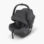 The Mesa Max infant car seat (Greyson) features side ventilation for increased airflow and a carry handle with stroller release button for easy transport