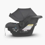 The Mesa Max infant car seat (Greyson) features an extra-large UPF 25+ hideaway canopy for increased sun protection, and a European Routing system for a secure installation without the base