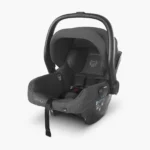 The Mesa V2 infant carrier (Greyson) includes removable and washable seat fabrics that are free from flame-retardant chemicals, and a carry handle with a convenient stroller release button