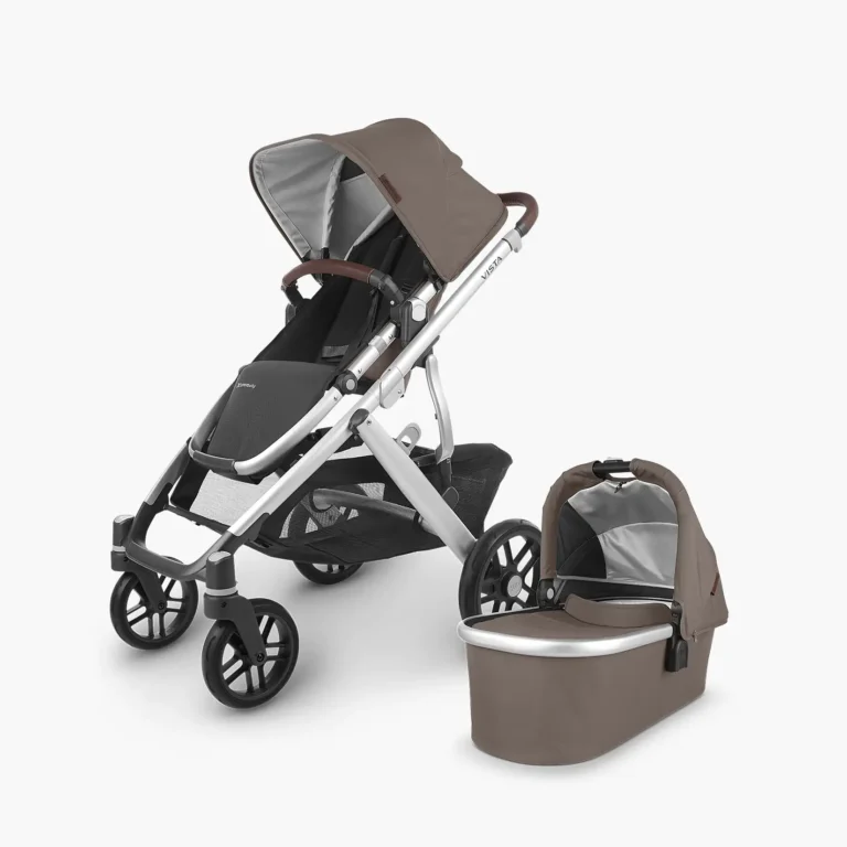 Vista V2 stroller (Theo - Dark Taupe, silver frame, chestnut leather) with Toddler Seat and Bassinet, both included with the stroller