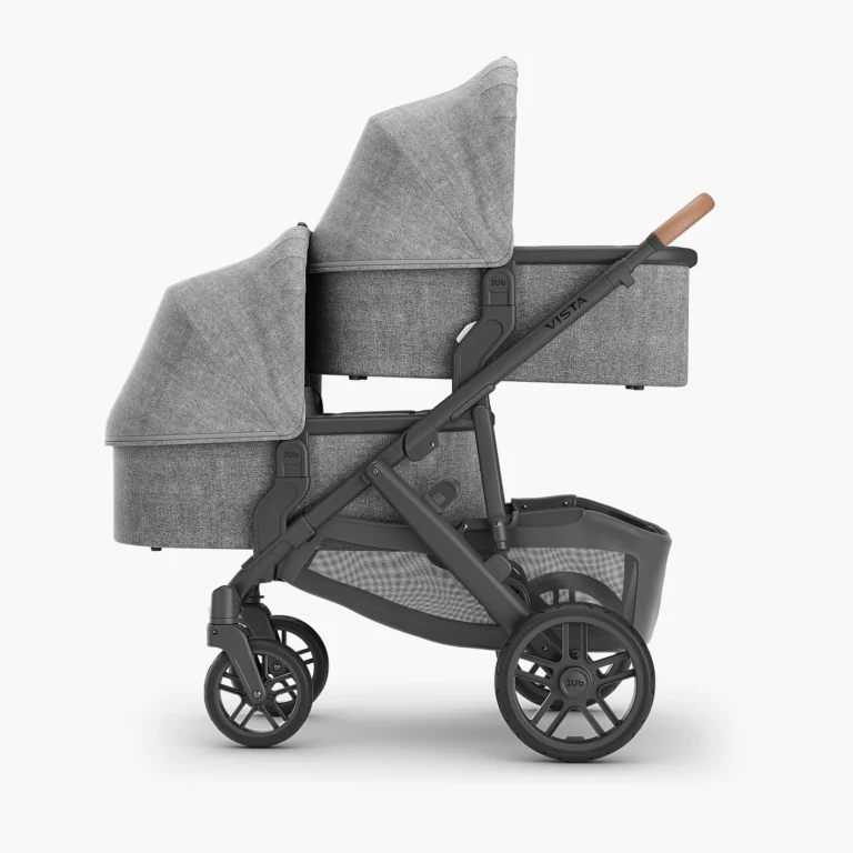 The Vista V2 in a double configuration, with two Bassinets secured to the stroller frame with the help of Upper and Lower adapters