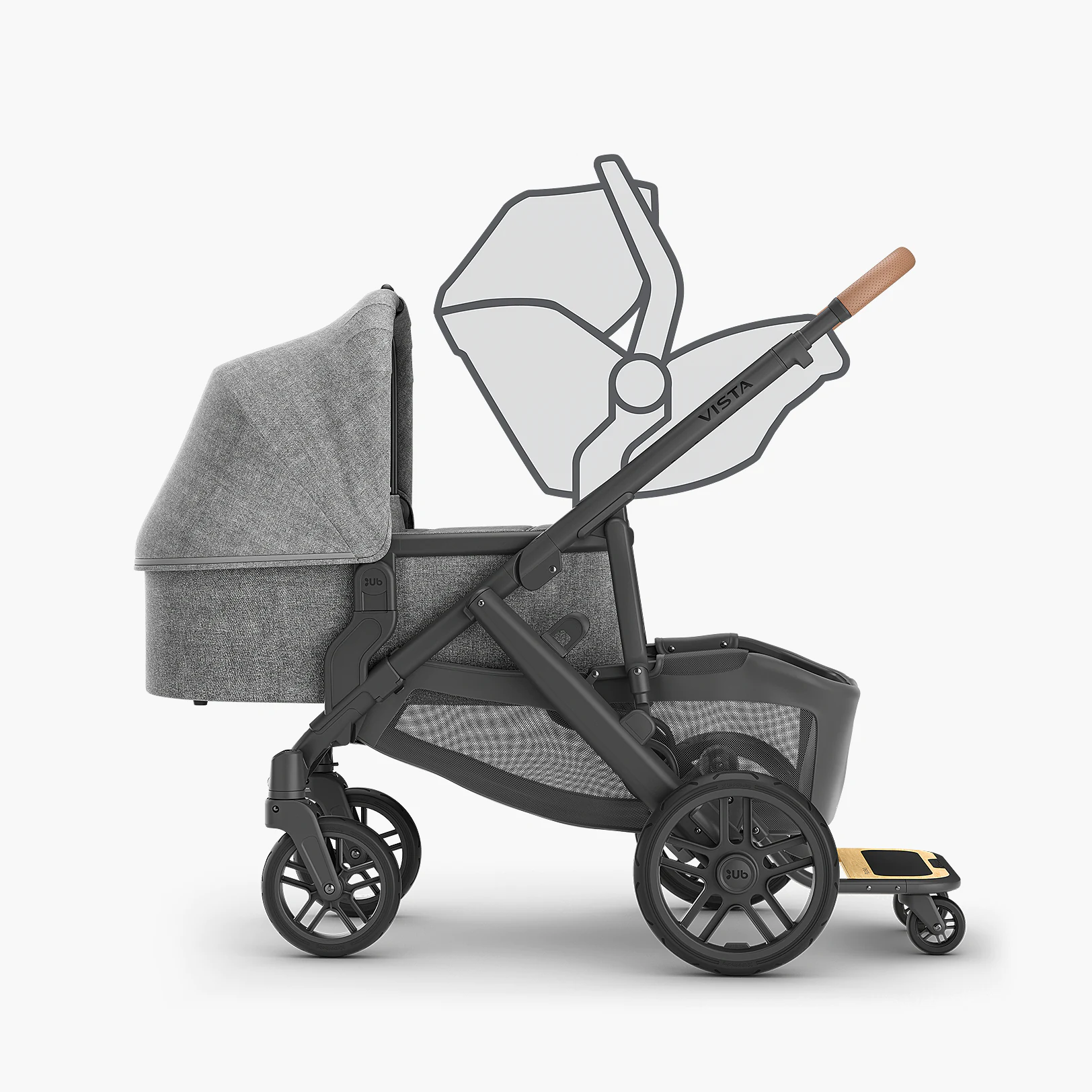 Vista V2 with car seat and adapters (upper), Bassinet with adapters (lower), and PiggyBack
