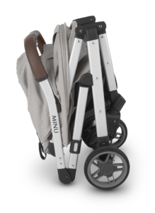 UPPAbaby Minu V2 Lightweight Travel Stroller - Folded | Stella | Grey Mélange | Silver Frame | Chestnut Leather