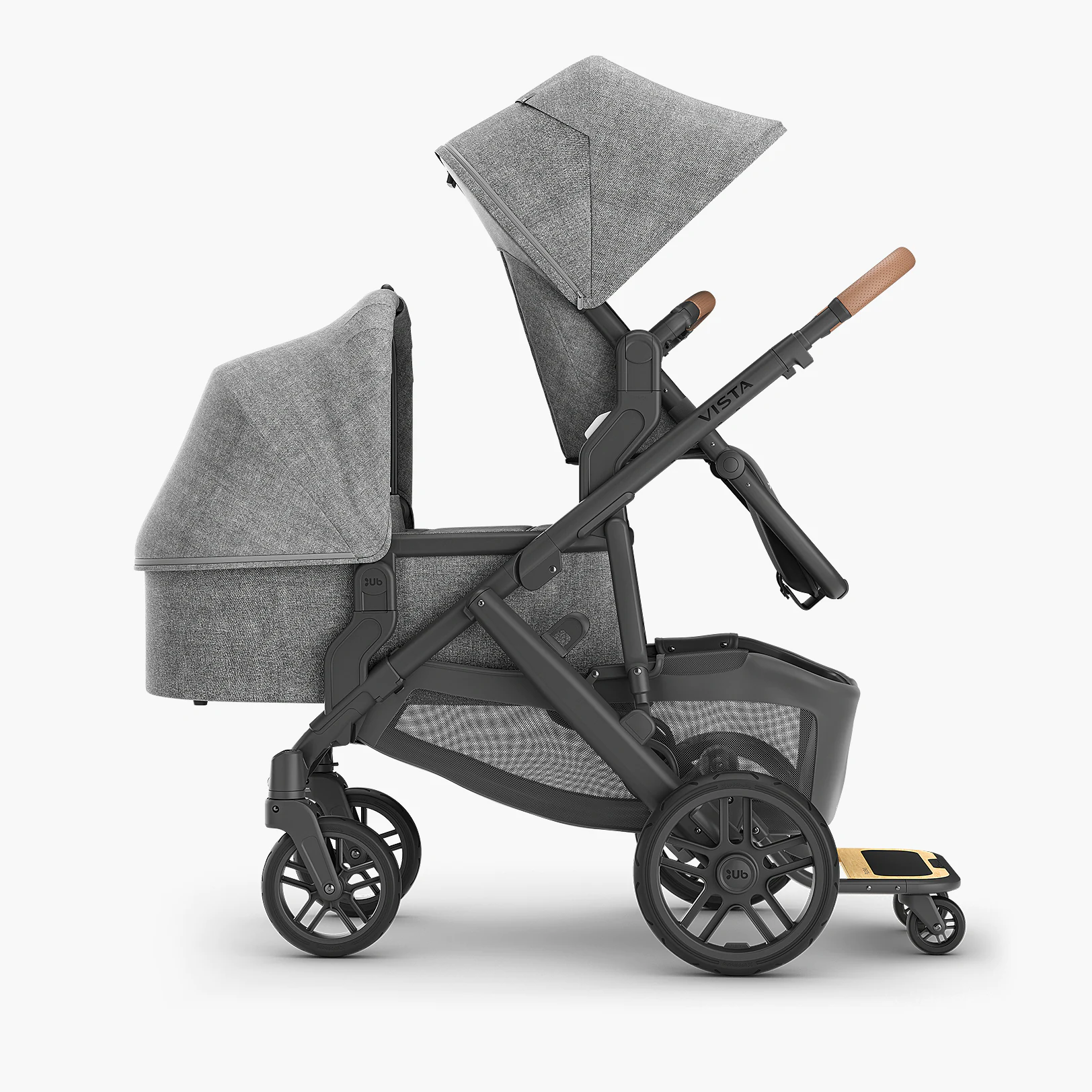Vista V2 with Toddler Seat (upper), Bassinet and adapters (lower), and PiggyBack