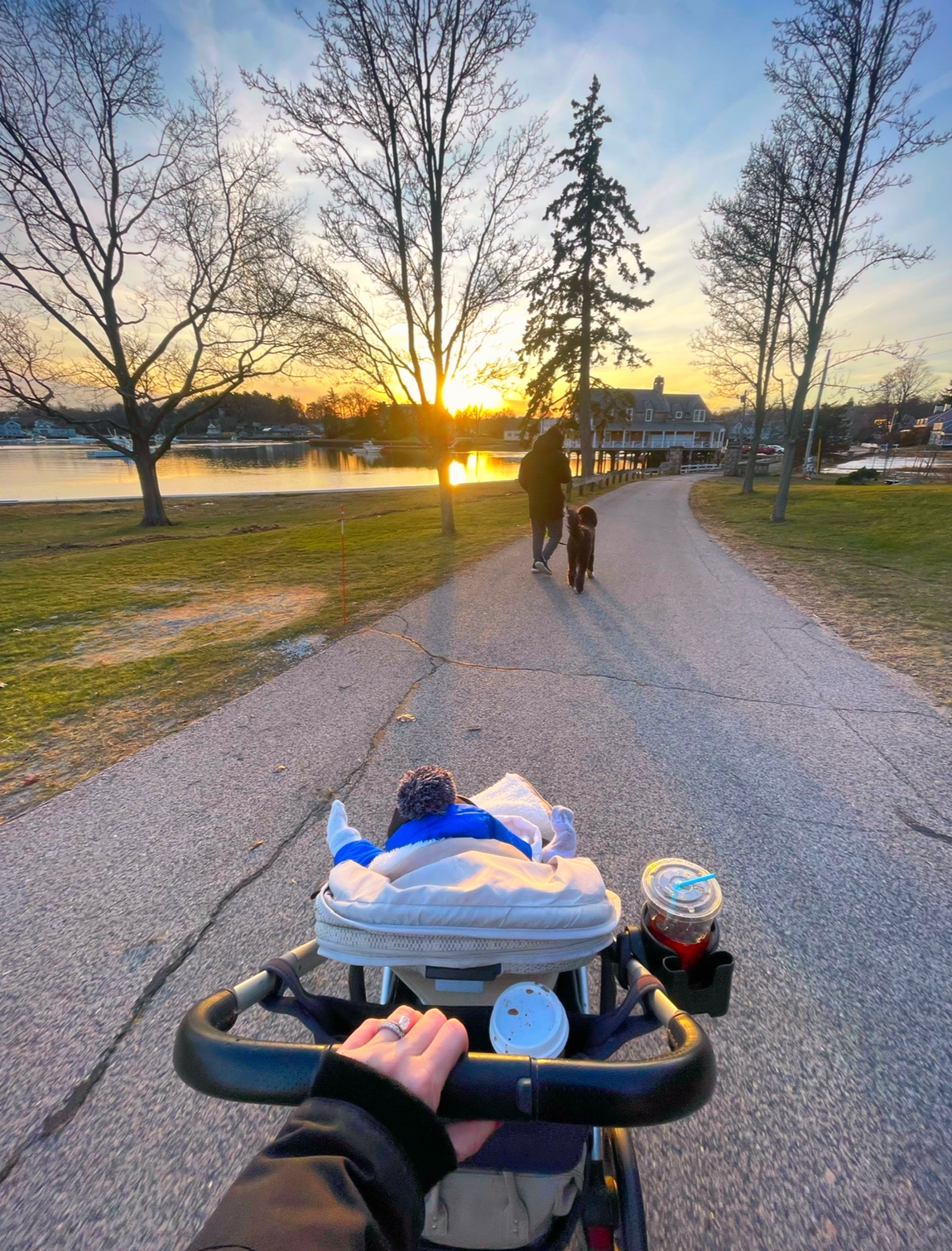 Mom Katherine Emala strolls into the sunset, pushing her child, Anthony, in her own Vista V2