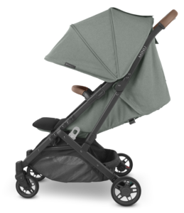 Side view of the UPPAbaby Minu V2 stroller in Gwen with shallow recline and extended sunshade for comfortable naps on the go