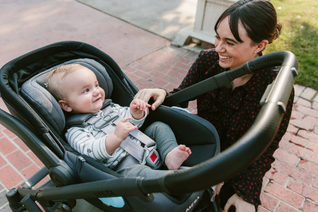 A Vista V2 Travel system, comprised of a Mesa V2 carseat that clicks right onto the stroller frame