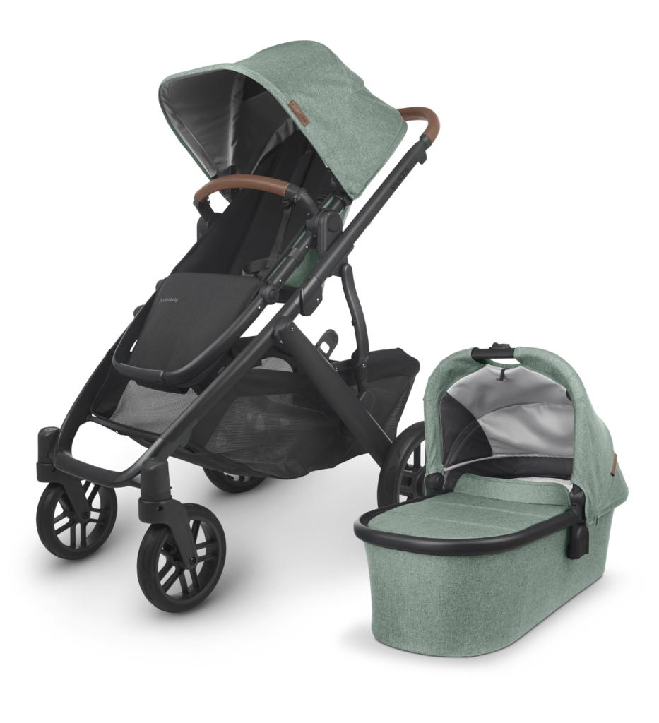 Vista V2 stroller (Gwen - green mélange, carbon frame, saddle leather) with Toddler Seat and Bassinet, both included with the stroller