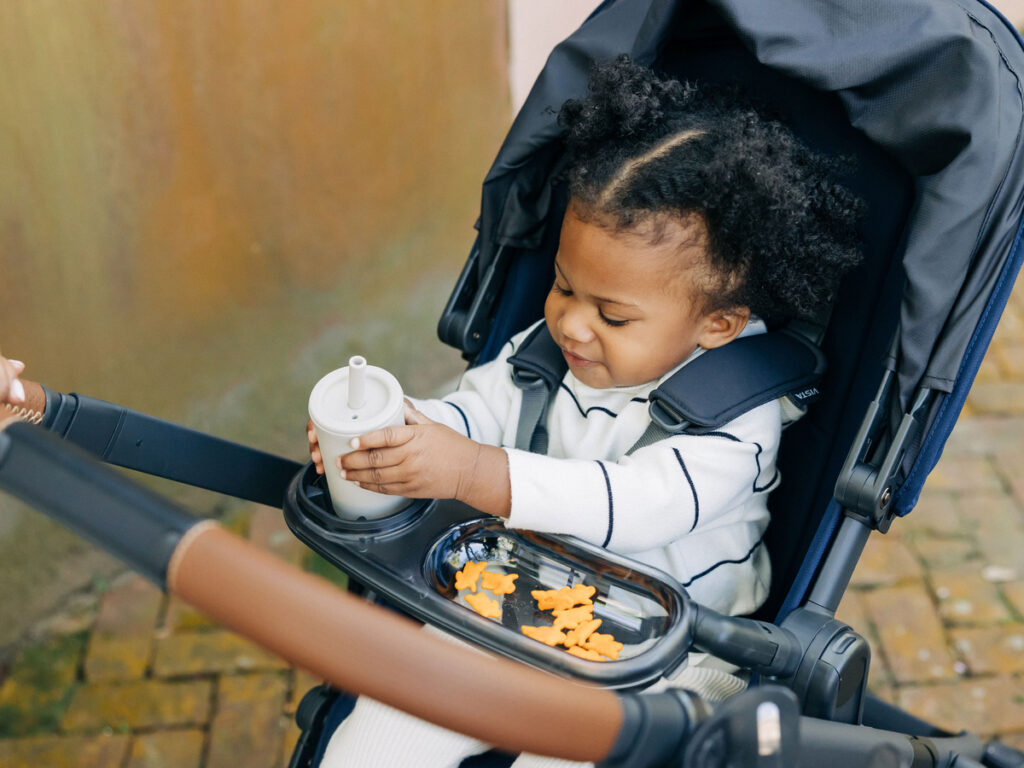 A woman strolls with her child while the child safely snacks from a Snack Tray in a Vista V2 stroller, in a parent-facing set-up